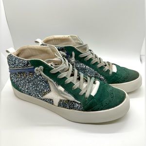 Golden Goose Mid Star Green Suede & Silver Glitter High Top Trainers
